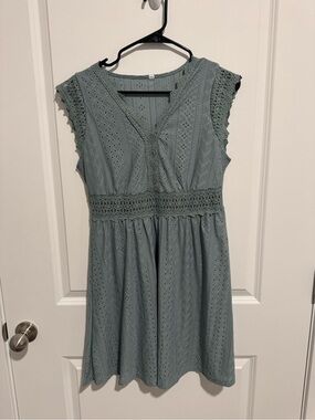 Sleeveless Eyelet Mini Dress in Sage Green with Crochet Waist